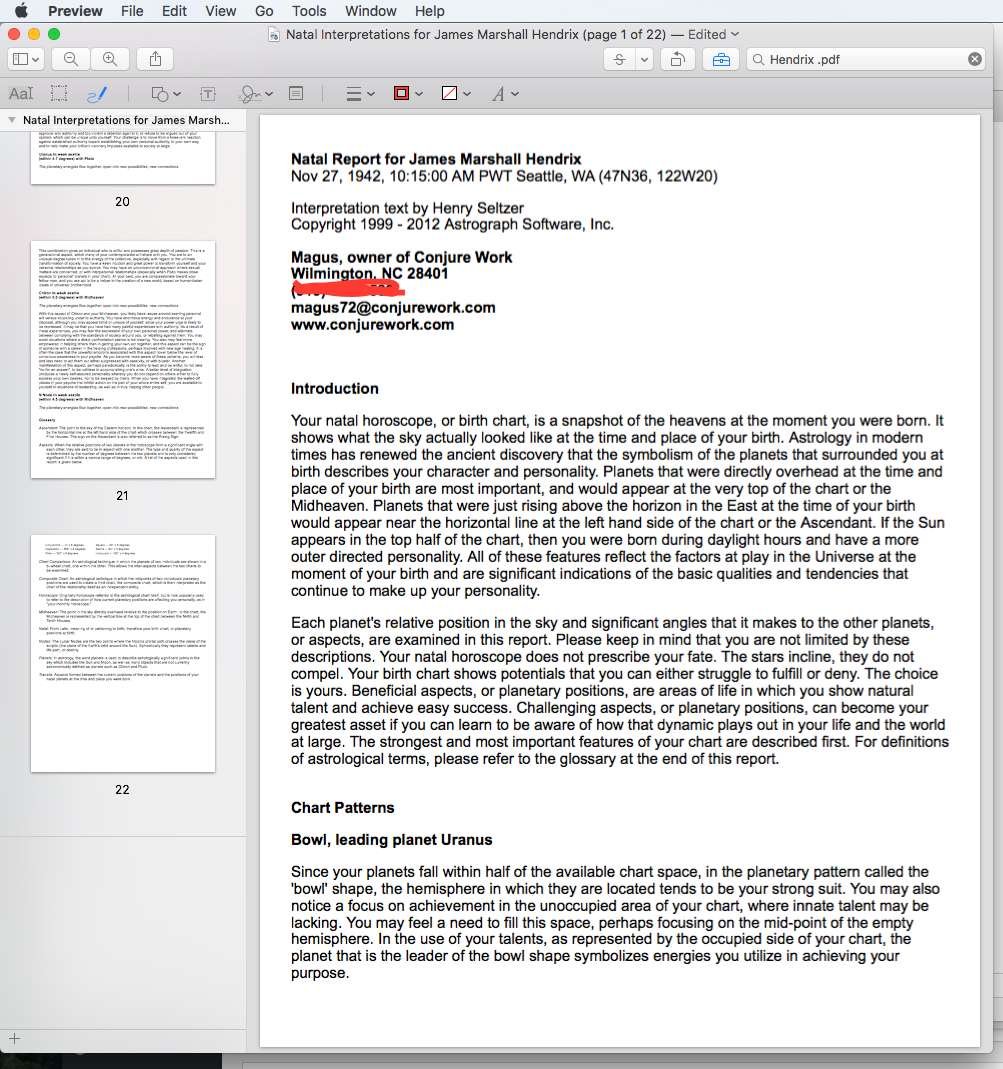 Jimi Hendrix, natal (birth) report. As you can see, it's 22 pages long, in his case. Astrology Reading, at Conjure Work