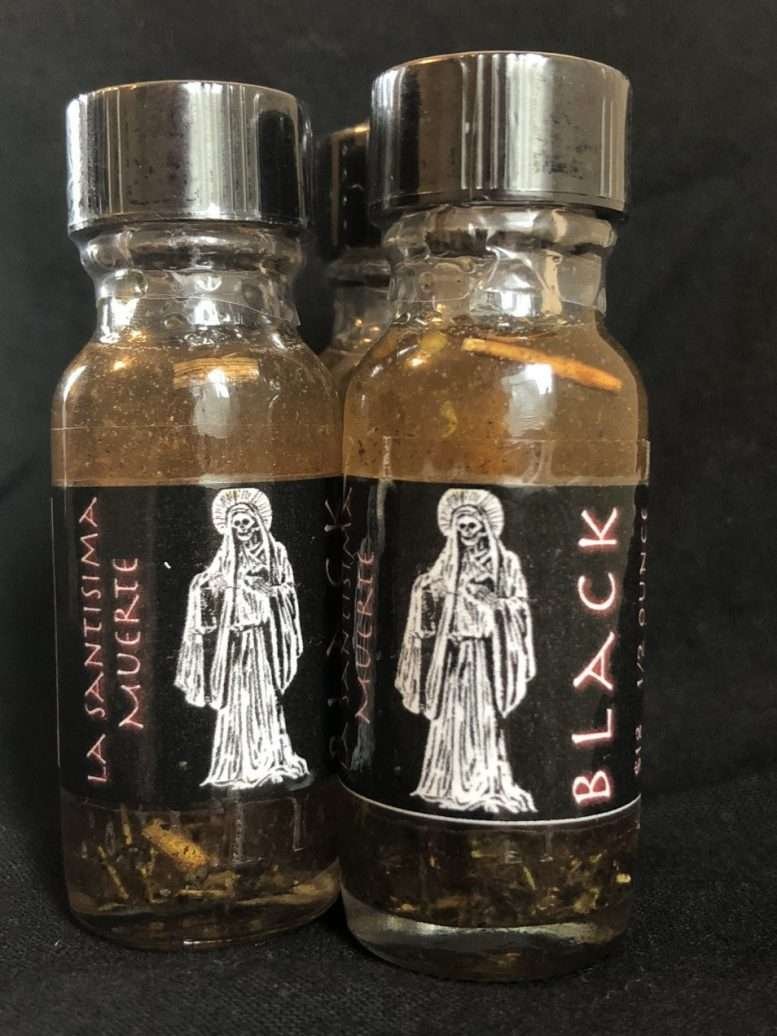 La Santisima Muerte Oil (Black), conjure root work Hoodoo supplies by Kevin Trent Boswell