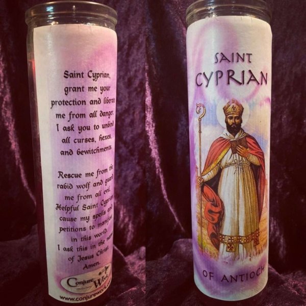 Saint Cyprian of Antioch, glass novena, 7 day candle, purple, Conjure Work, sorcery supplies