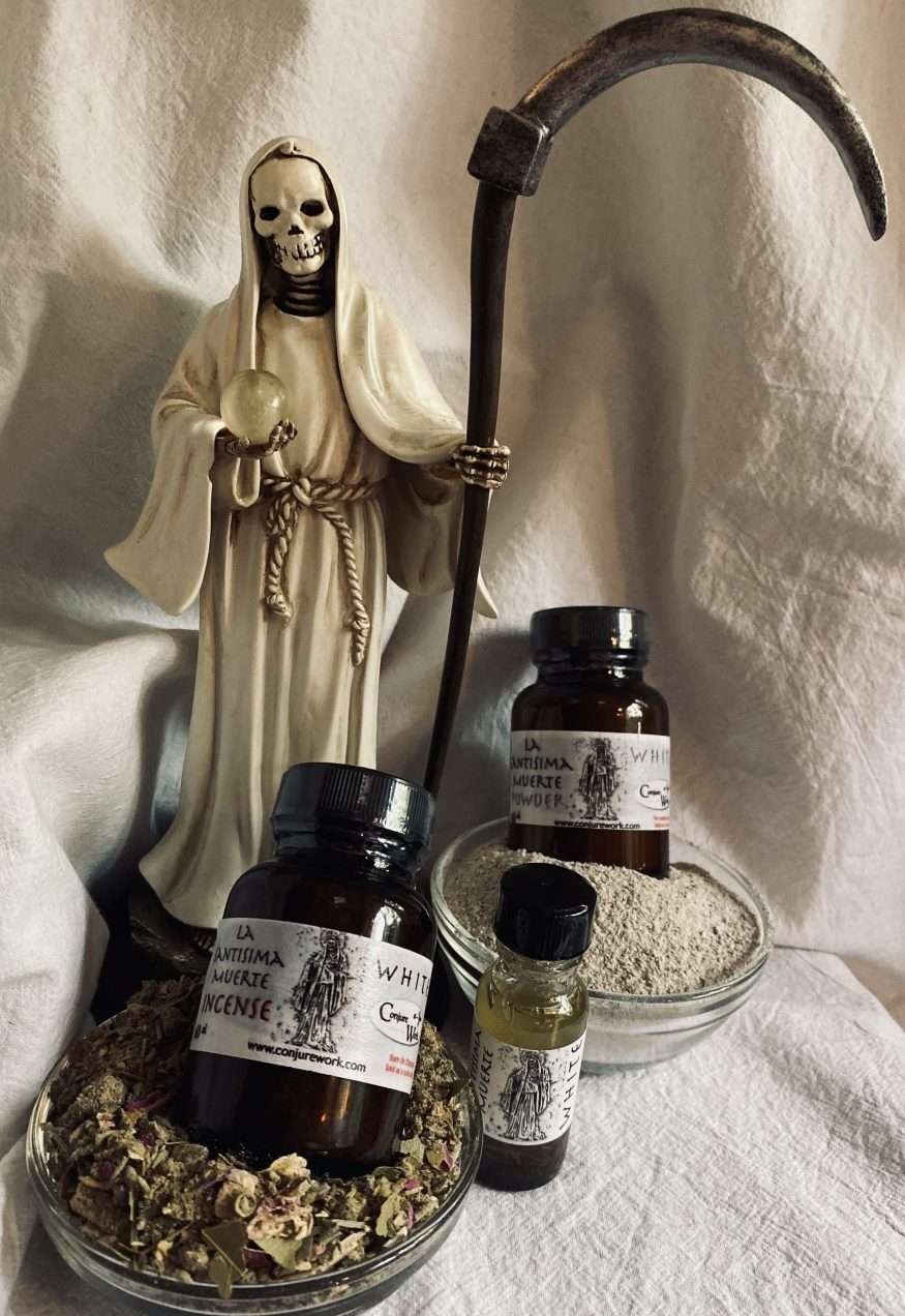The La Santisima Muerte line, White Aspect, oil, powder, incense
