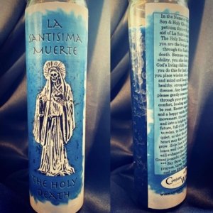 La Santisima Muerte Candle, Blue, glass novena candle
