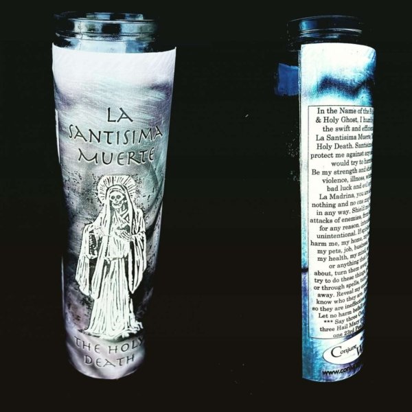 La Santisima Muerte Candle, Black, glass novena candle