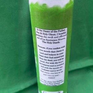 Santa Muerte “seven day” glass, novena candle, green with custom prayer on the back